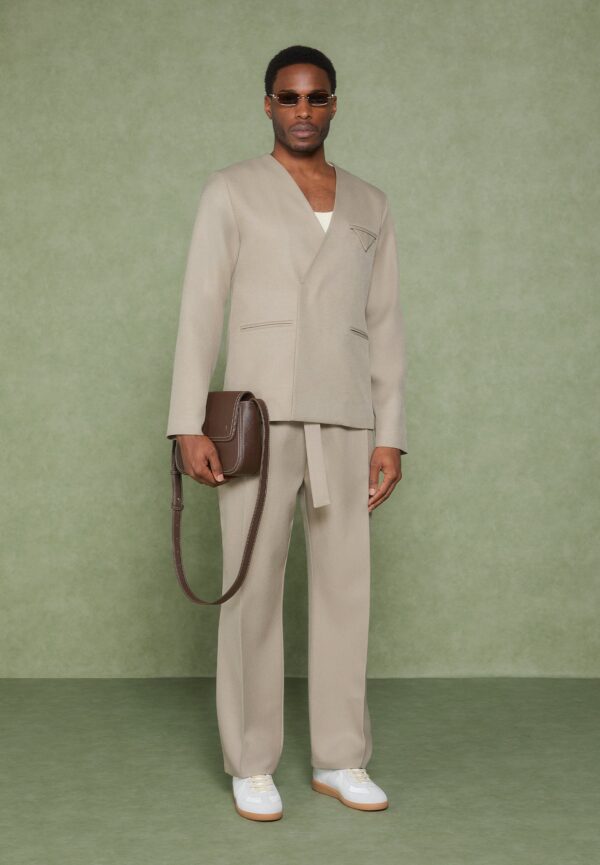 Collarless Double Breasted Minimal Blazer - Beige