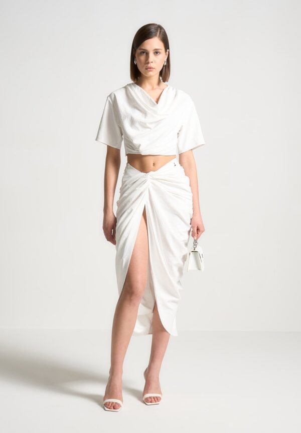 Asymmetric Drape Midaxi Skirt - White