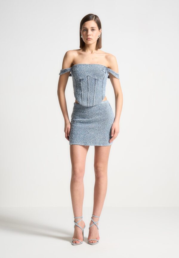 Boucle Denim Bardot Corset Top - Mid Blue